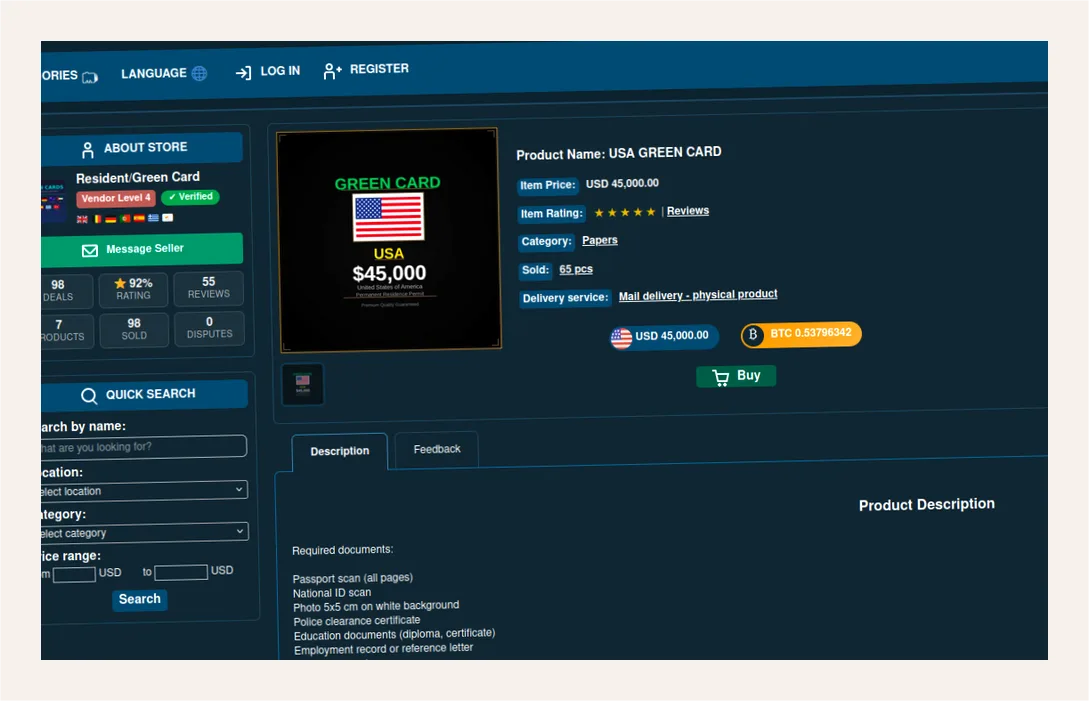 Advertisement offering US green card for $45,000